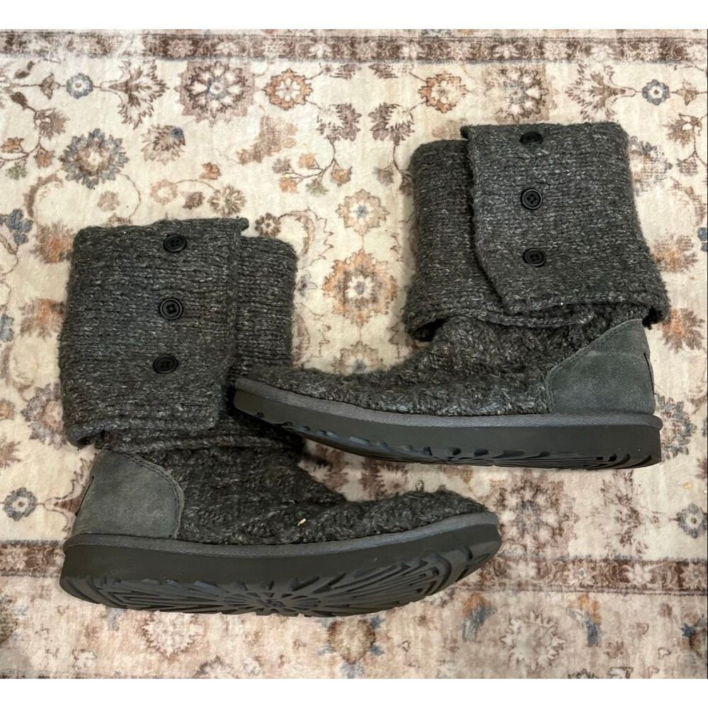 UGG Australia Lattice Cardy Tall Slouch Knit Sweater Boots Button 3066 Gray Sz 7